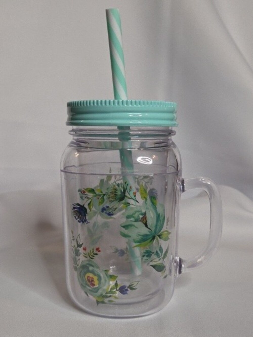 Pioneer Woman 16 oz Acrylic Mason Jar Mug Delaney with Lid & Straw in Teal